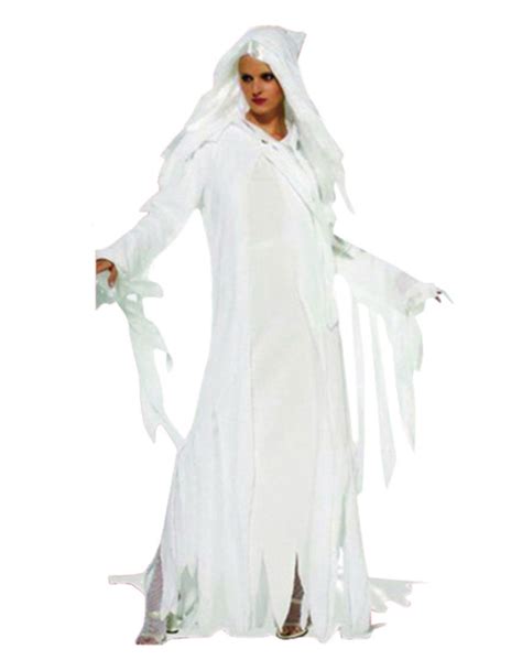 Adult Lady Ghost Costume White Hooded Robe Sorceress Witch Wizard Fancy ...