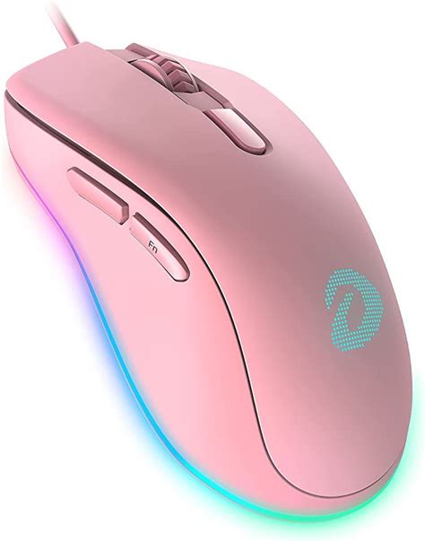 a pink computer mouse with blue and green lights on it's side, in front ...