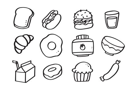 Set of food hand drawn line art illustration for design element. simple ...