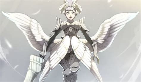 an anime character with wings on her body and head, standing in front ...