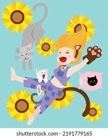 Girl Playing Her Cats Sunflowers Stock Vector (Royalty Free) 2191779165 | Shutterstock