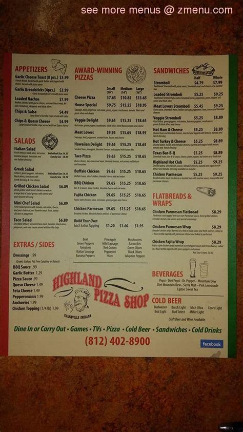 Online Menu of Highland Pizza Shop Restaurant, Evansville, Indiana, 47710 - Zmenu