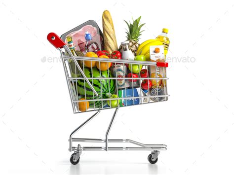 Shopping cart full of food isolated on white. Grocery and food store ...