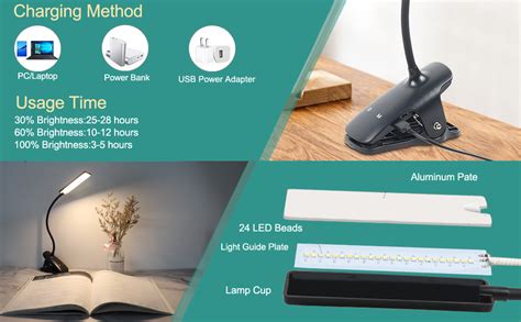 LED Reading Light with Clip - Deaunbr Desk Lamp USB Rechargeable Book Lights, 24 LEDs Night ...