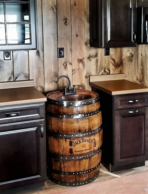 Whiskey barrel sink, hammered copper, rustic antique bathroom / bar / man cave vanity, wine, oak ...