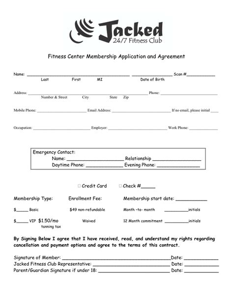 Fitness Center Membership Application and Agreement in Word and Pdf formats