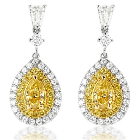 Fancy Yellow Pear Shaped Diamond & Bullet Diamond Dangle Earrings 18K | Nagi Jewelers