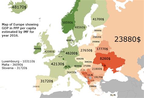 Map of Europe showing GDP in PPP per capita estimated by IMF for year ...