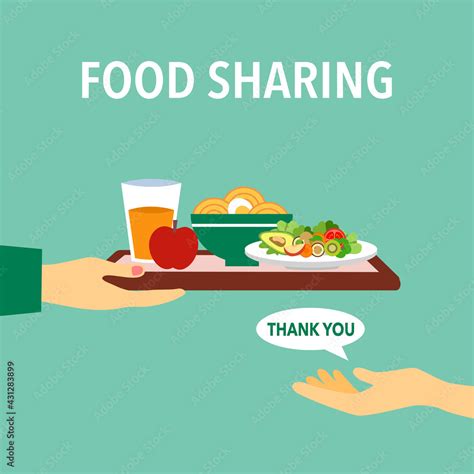 Food sharing concept vector illustration. Hand giving tray of food, fruit and drink to people ...