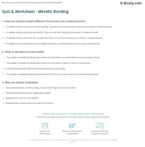 Quiz & Worksheet - Metallic Bonding | Study.com