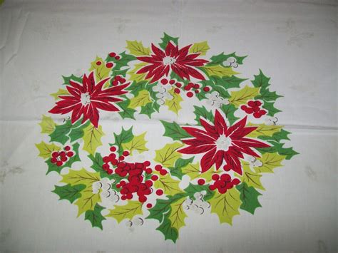 VINTAGE CHRISTMAS TABLECLOTH POINSETTIA HOLLY 43 x 53 | eBay