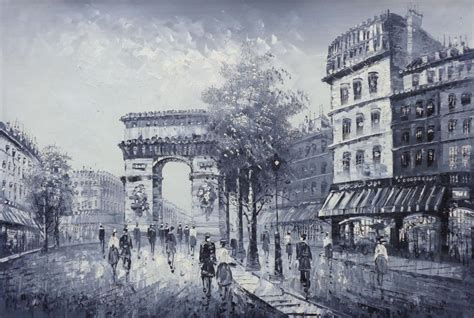 Black White Paris Street to Triumphal Arch Oil Painting Cityscape France Impressionism 24 x 36 ...