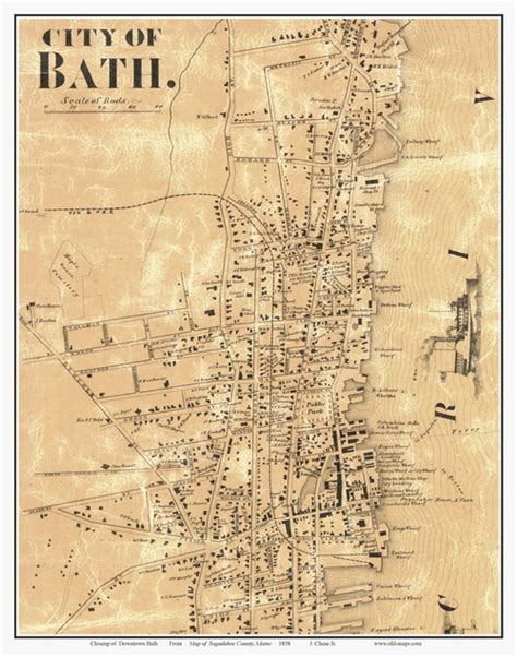 City of Bath - Downtown, Maine 1858 Old Town Map Custom Print - Sagadahoc Co. | Town map, Custom ...