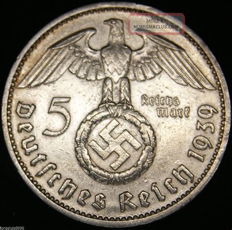 German Nazi Silver Coin 5 Rm 1939 J Big Swastika