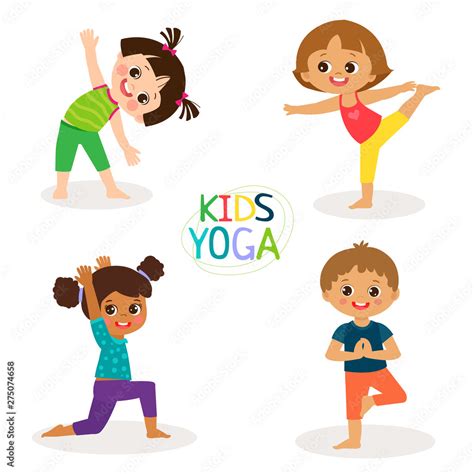 Yoga Kids Poses Vector Cartoon Illustration. Little Girls And Boys Doing Yoga Set. Gymnastics ...