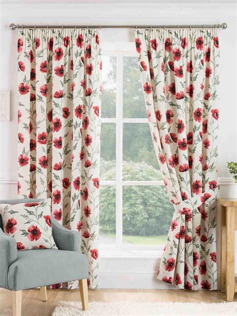 Red Floral Printed Cotton Pencil Pleat Curtains | Ponden Home