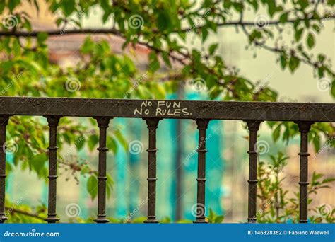 No Fun No Rules Graffiti in Prague Over Defocused Background Stock Photo - Image of blurred ...