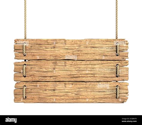 Wooden sign board hanging on rope isolated on white 3d rendering Stock ...