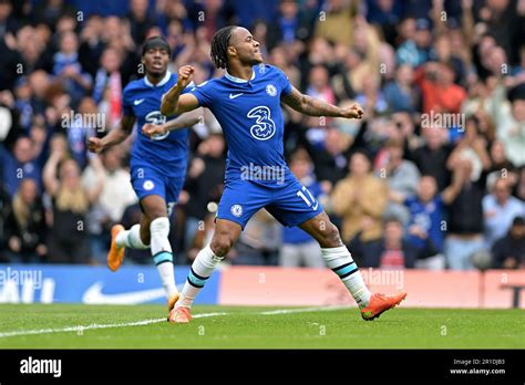 London, UK. 13th May, 2023. GOAL Raheem Sterling of Chelsea celebrates ...