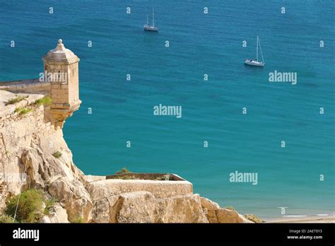 Santa Barbara castle aerial view with blue sea, city of Alicante, Spain Stock Photo - Alamy