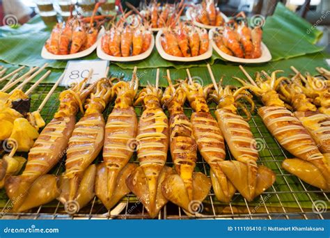 Grilled Squid Skewers and Shrimps. Stock Photo - Image of mayom ...