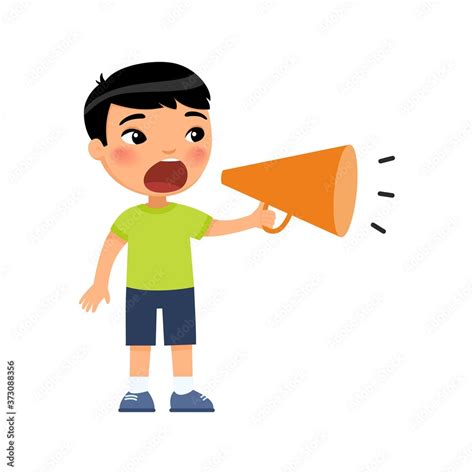 Adorable little asian boy shouting in megaphone flat vector ...