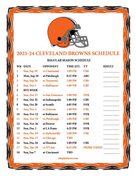 Printable 2023-2024 Cleveland Browns Schedule