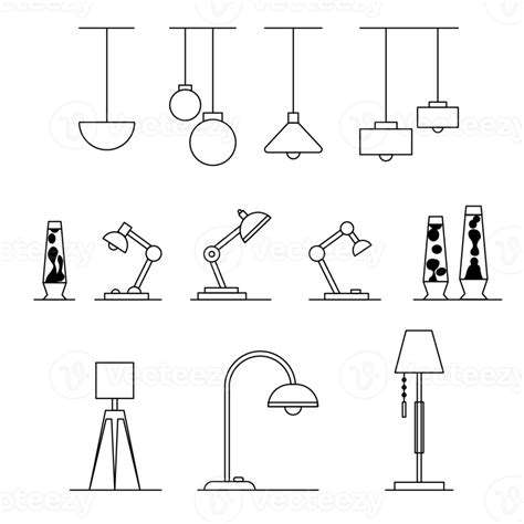 Set of flat lights including ceiling lights, lava lamps, table lamps, and floor lamps, with a ...