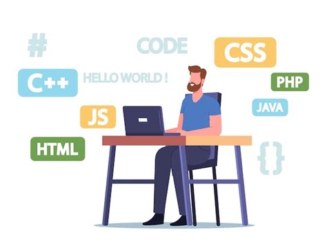 Premium Vector | Programmer character work on laptop developing programming languages, websites ...