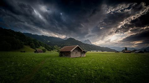 HD wallpaper: cloudy sky, field, log cabin, hut, valley, mountain village | Wallpaper Flare