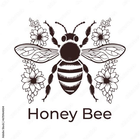 Honey bee black and White Vector illustration stamp logo with floers ...