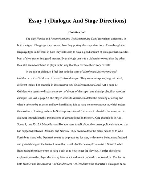 Essay 1 (Dialogue And Stage Directions) - Essay 1 (Dialogue And Stage Directions) Christian Soto ...