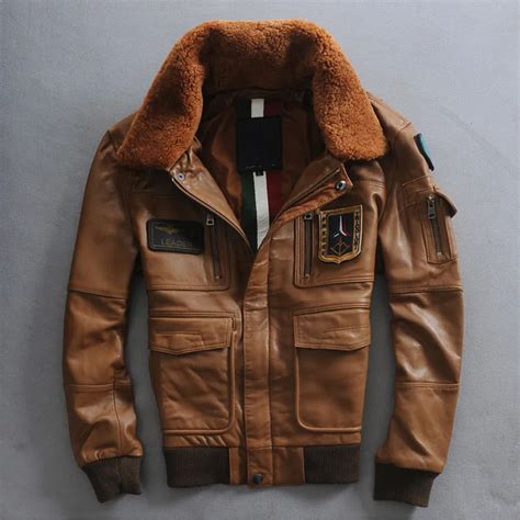 Italy air force pilot jacket fur collar leather flight jacket men ...