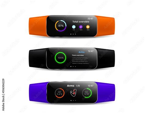 Fitness tracker display screen interface, smart watch or sport band bracelet, realistic vector ...