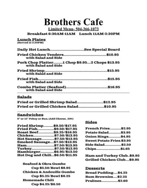 Menu at Brothers “Ole New Orleans” Cafe, Harvey