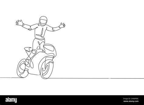 One single line drawing of young moto biker open up his hands to ...