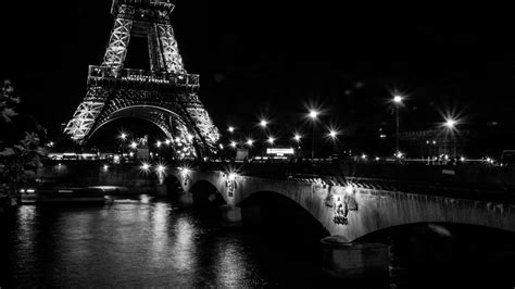 black and white, bridge, eiffel tower, lights, long exposure, night ...