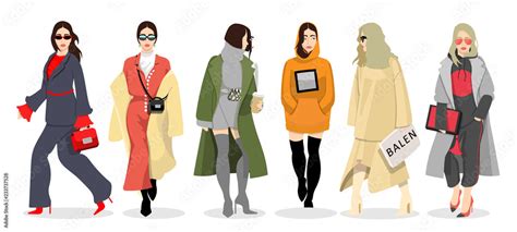 Set of women dressed in stylish trendy clothes, fashion girls, models wearing modern autumn coat ...