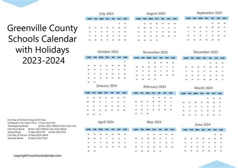 Greenville County Schools Calendar with Holidays 2023-2024