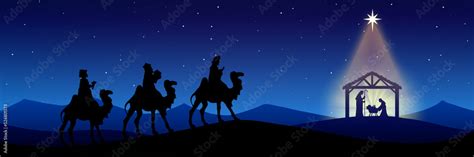 Christmas Nativity Scene black silhouette on blue background Stock Illustration | Adobe Stock