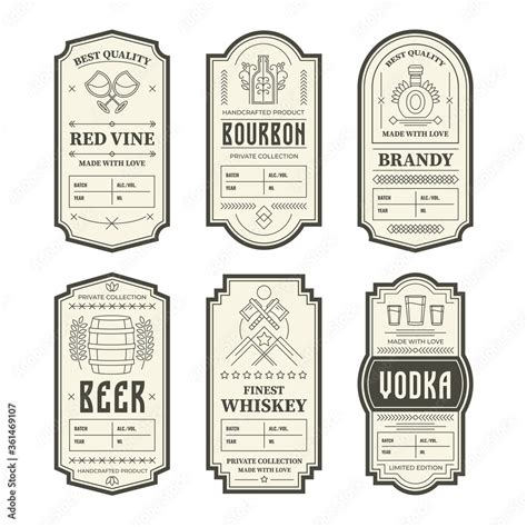 Grafika wektorowa Stock: Various vintage alcohol bottle labels set. Geometric gin, bourbon ...