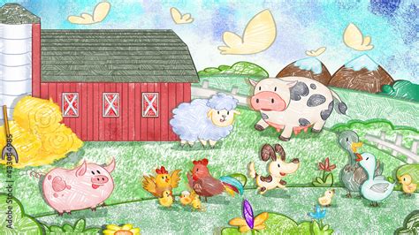 Farm Animals Barn Backdrop Background. Cute oil pastel drawing crayon doodle for children book ...