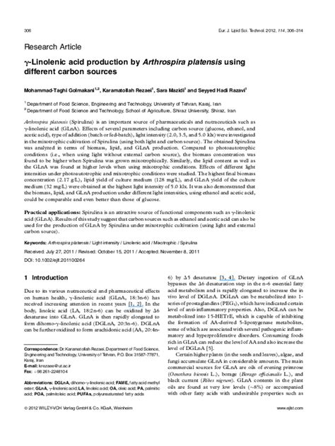 (PDF) γ-Linolenic acid production by Arthrospira platensis using different carbon sources ...