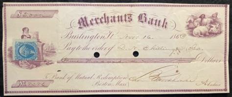 1863 CIVIL WAR ERA ~MERCHANTS BANK~ BURLINGTON, VT. BANK CHECK ...