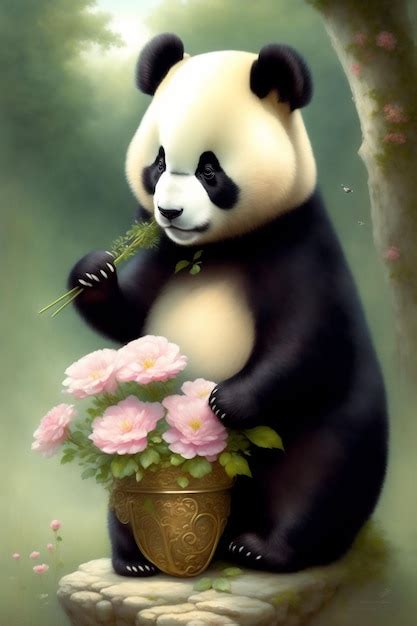 Premium AI Image | Panda with flowers