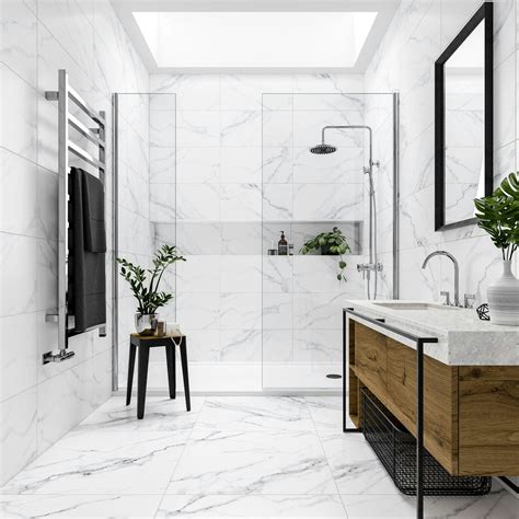 Calcolo Polar white marble effect matt wall and floor tile 300mm x ...