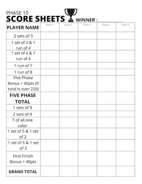 Phase 10 Scoreboard Score Sheet Printable PDF - Etsy