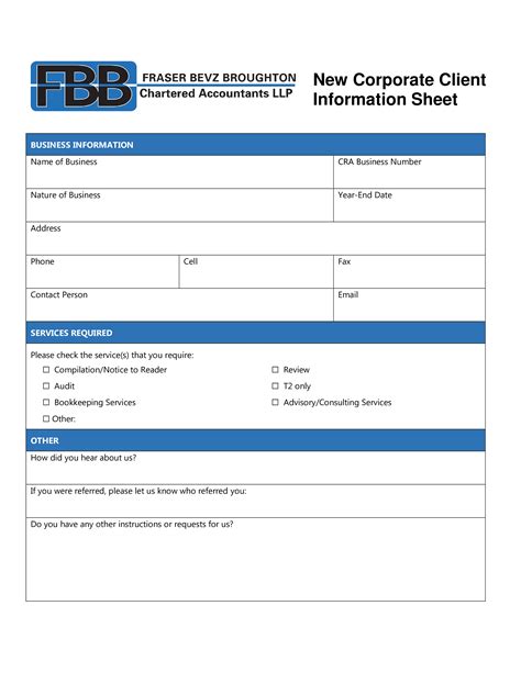 Printable Client Information Sheet - Customize and Print