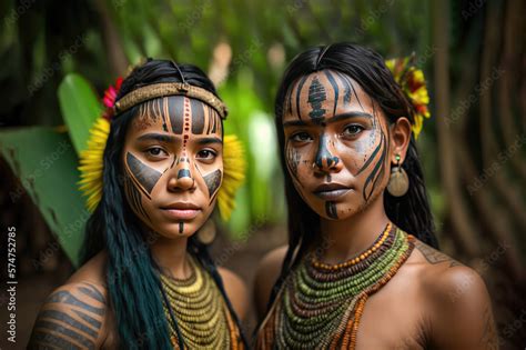 Two indigenous amazon women with face paint looking at camera. Generative ai Stock Illustration ...