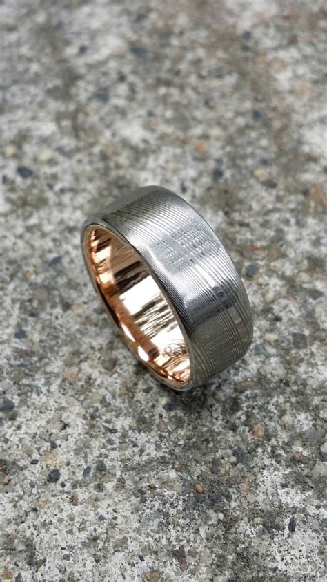 Gold & Stainless Damascus 7.5mm Ring wood-grain - Etsy